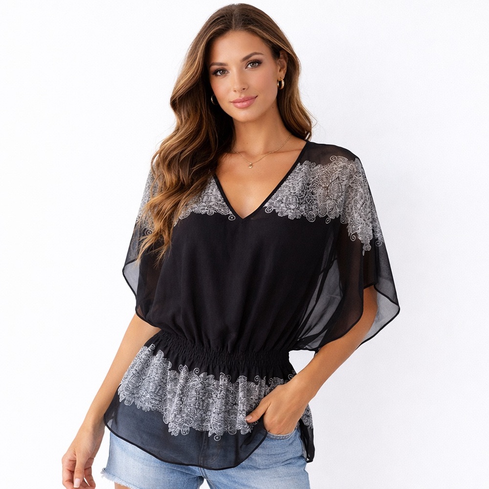 Investments Sheer Floral Tunic Blouse Black White Dolman Sleeve Small
